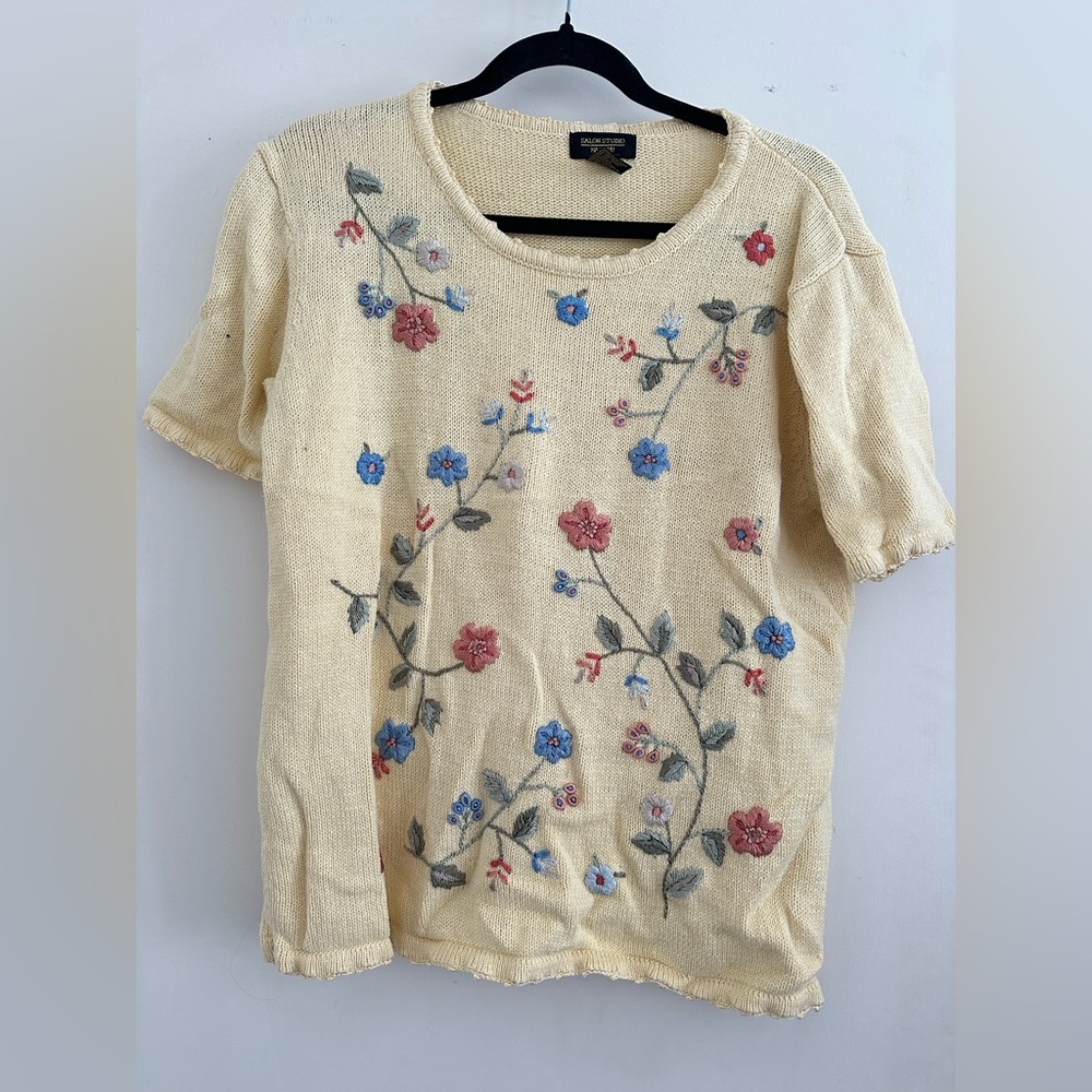 Salon Studio Haband Yellow Knit Embroidered Floral Top